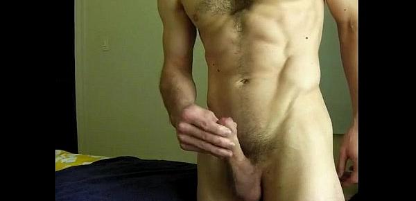  toned slightly hairy chest guy strip-jo-cum on standing